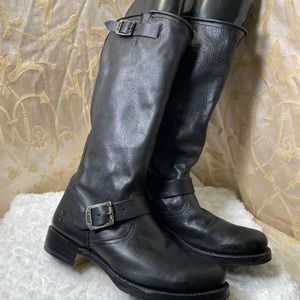 Vintage Frye Womens Black Leather Knee High Boots Sz 9.5M Riding Leather Buckle